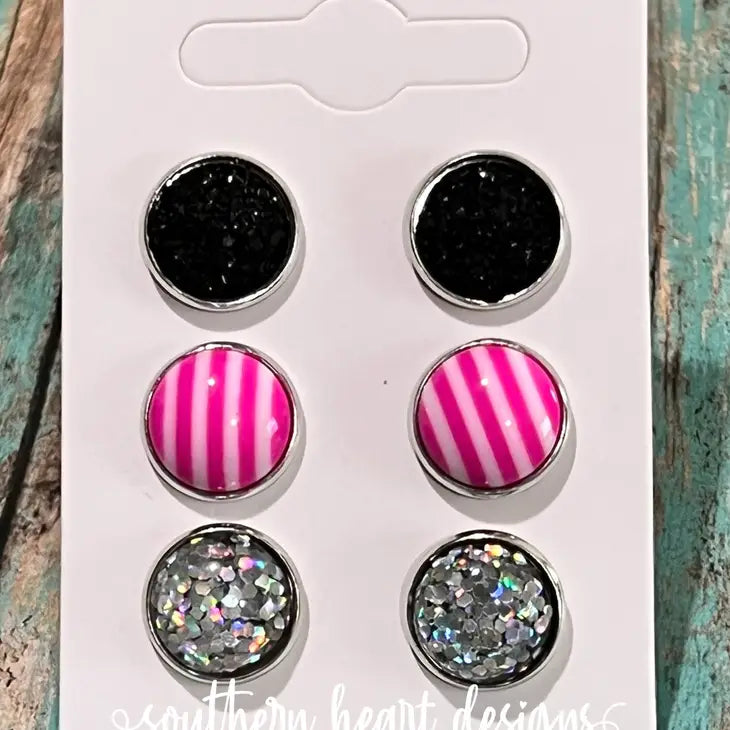 3 Pk Earrings- Black, Pink Stripe & Silver Sparkle